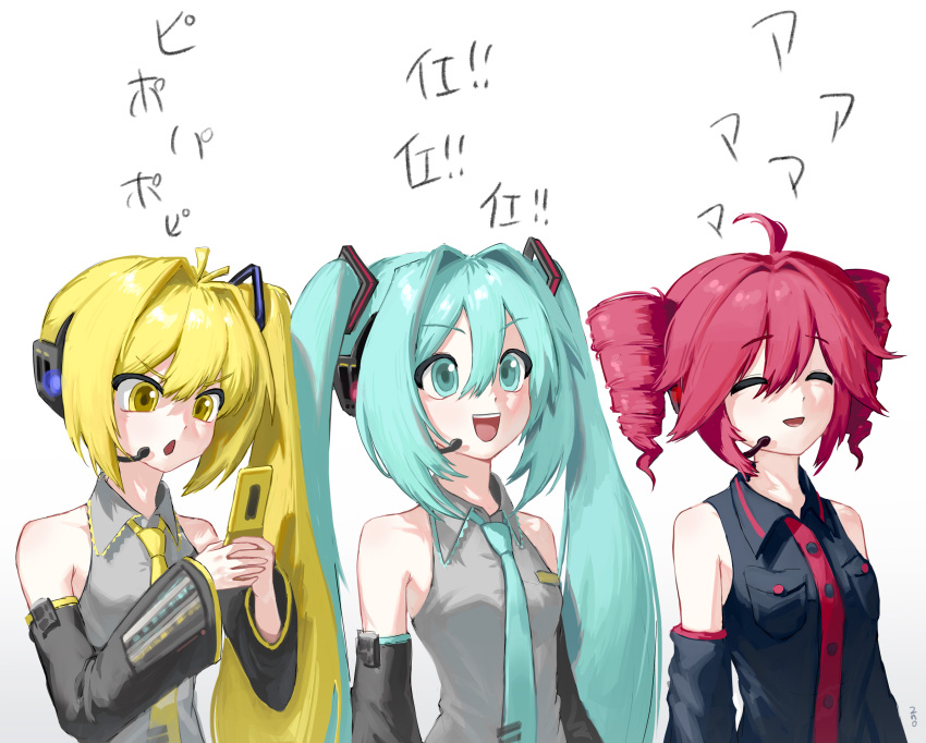 22nodlsh 3girls :d :o absurdres ahoge akita_neru bare_shoulders black_shirt black_sleeves blonde_hair blue_eyes blue_hair blue_necktie cellphone closed_eyes collared_shirt detached_sleeves drill_hair grey_shirt hatsune_miku headphones headset highres holding holding_phone kasane_teto kasane_teto_(utau) microphone multiple_girls necktie open_mouth phone red_hair shirt simple_background smile teeth tongue triple_baka_(vocaloid) twin_drills twintails upper_body upper_teeth_only utau vocaloid white_background wing_collar yellow_eyes yellow_shirt