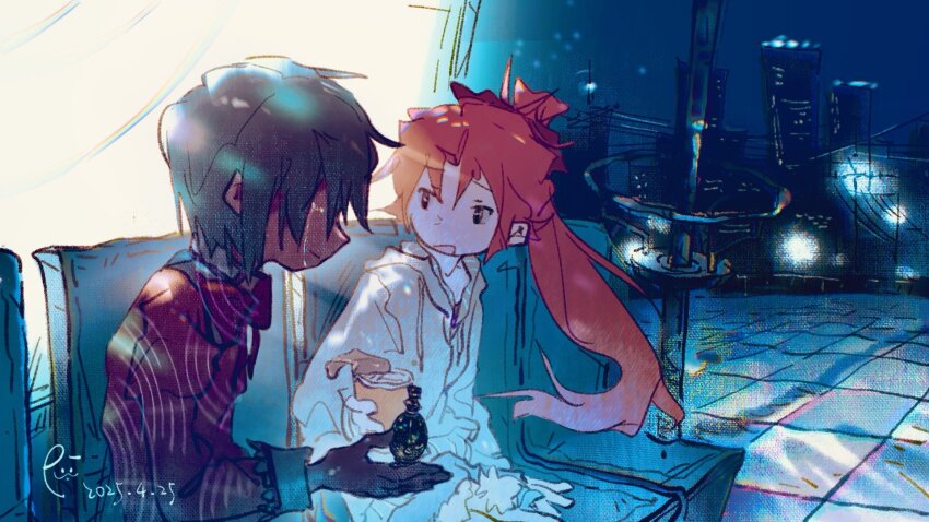 anelectron00 backlighting bench blue_hair blue_sky bow can canned_food city_lights cityscape crying hair_bow hair_over_one_eye highres long_hair looking_at_another mahou_shoujo_madoka_magica miki_sayaka night ponytail power_lines pringles_can red_bow red_hair sakura_kyoko short_hair sitting sky soul_gem tears