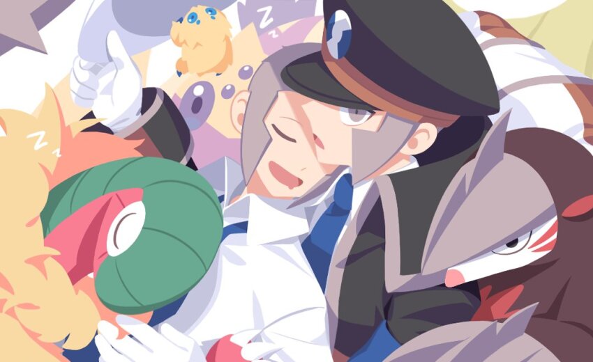 2boys archeops black_coat black_hat blue_necktie brothers closed_eyes coat collared_shirt commentary_request drooling emmet_(pokemon) excadrill galvantula gen_5_pokemon gloves grey_eyes grey_hair hat ingo_(pokemon) joltik korean_commentary male_focus mouth_drool multiple_boys necktie nintendo open_mouth peaked_cap pokemon pokemon_(creature) pokemon_bw seku_000 shirt short_hair siblings sideburns sleeping white_gloves white_shirt zzz