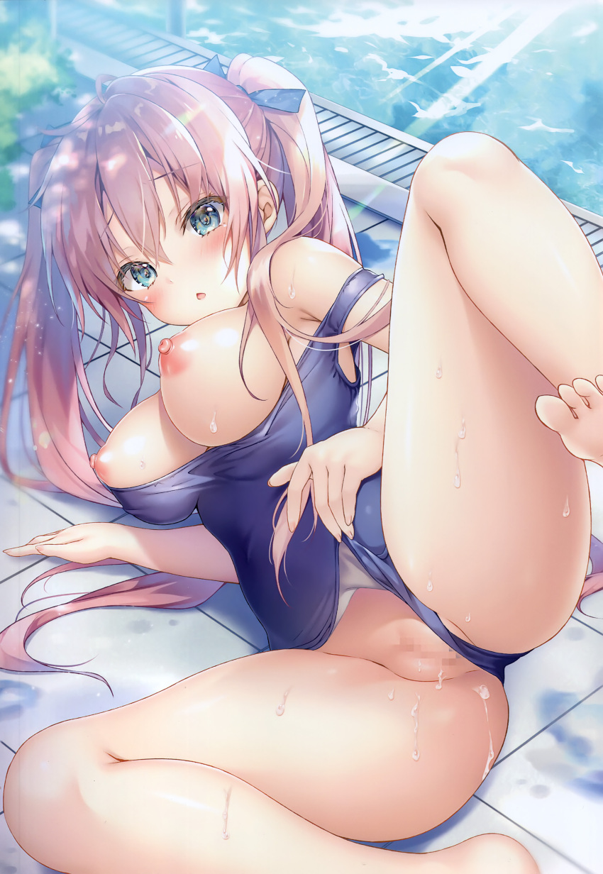1girl :o absurdres bare_arms bare_legs bare_shoulders barefoot blue_eyes blue_one-piece_swimsuit blue_ribbon blush breasts breasts_out bush cameltoe censored clothes_pull collarbone covered_erect_nipples covered_navel day eyelashes feet groin hair_between_eyes hair_ribbon highres impossible_clothes impossible_swimsuit kino_(kino_konomi) large_breasts leg_up long_hair looking_at_viewer lying melonbooks mosaic_censoring nipples non-web_source old_school_swimsuit on_side one-piece_swimsuit one-piece_swimsuit_pull open_mouth original outdoors photoshop_(medium) pink_hair pool pool_ladder poolside ribbon school_swimsuit sidelocks skin_tight soles solo sweat swimsuit taut_clothes taut_swimsuit toes twintails very_long_hair water
