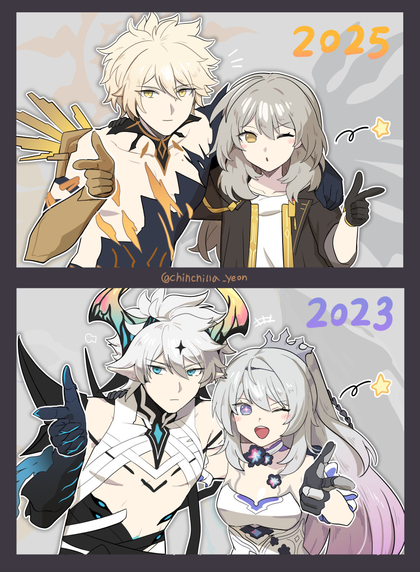 2023 2025 2boys 2girls ;o absurdres alternate_form before_and_after black_coat black_hands blue_eyes breasts coat colored_extremities commentary_request company_connection cracked_skin kevin_kaslana_(diabolic) dress finger_gun flower_ornament gold_hands highres hino_satoshi honkai:_star_rail honkai_(series) honkai_impact_3rd horns kevin_kaslana kiana_kaslana kiana_kaslana_(herrscher_of_finality) korean_commentary long_hair medium_breasts medium_hair multiple_boys multiple_girls one_eye_closed ooyun phainon_(honkai:_star_rail) ponytail shirt short_hair stelle_(honkai:_star_rail) trailblazer_(honkai:_star_rail) twitter_username voice_actor_connection white_dress white_hair white_shirt