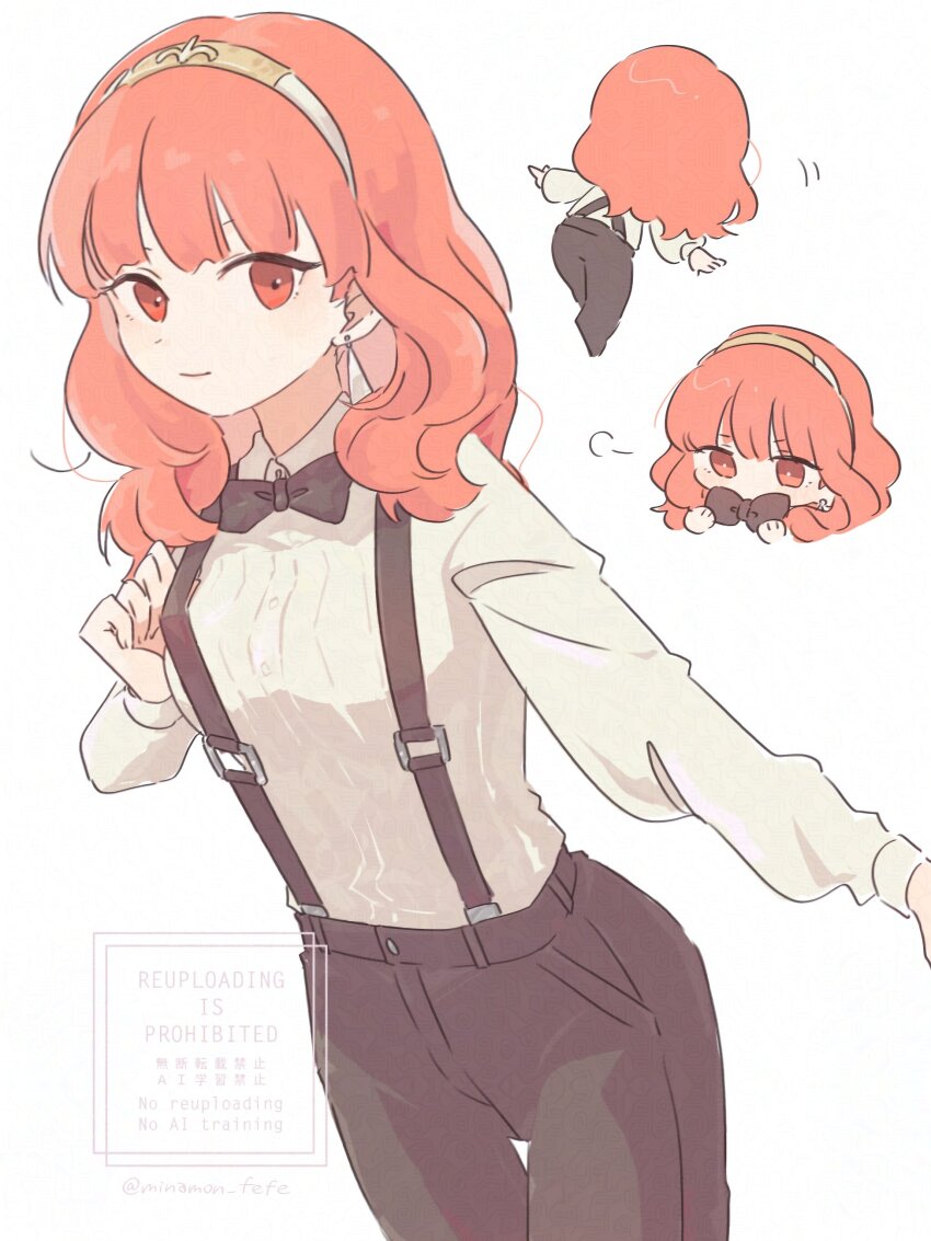1girl absurdres alternate_costume black_bow black_bowtie black_pants blunt_bangs bow bowtie celica_(fire_emblem) chibi chibi_inset closed_mouth collared_shirt commentary_request contemporary fire_emblem fire_emblem_echoes:_shadows_of_valentia highres long_hair multiple_views nintendo orange_hair pants red_eyes shirt sorane_amus suspenders watermark white_background white_shirt