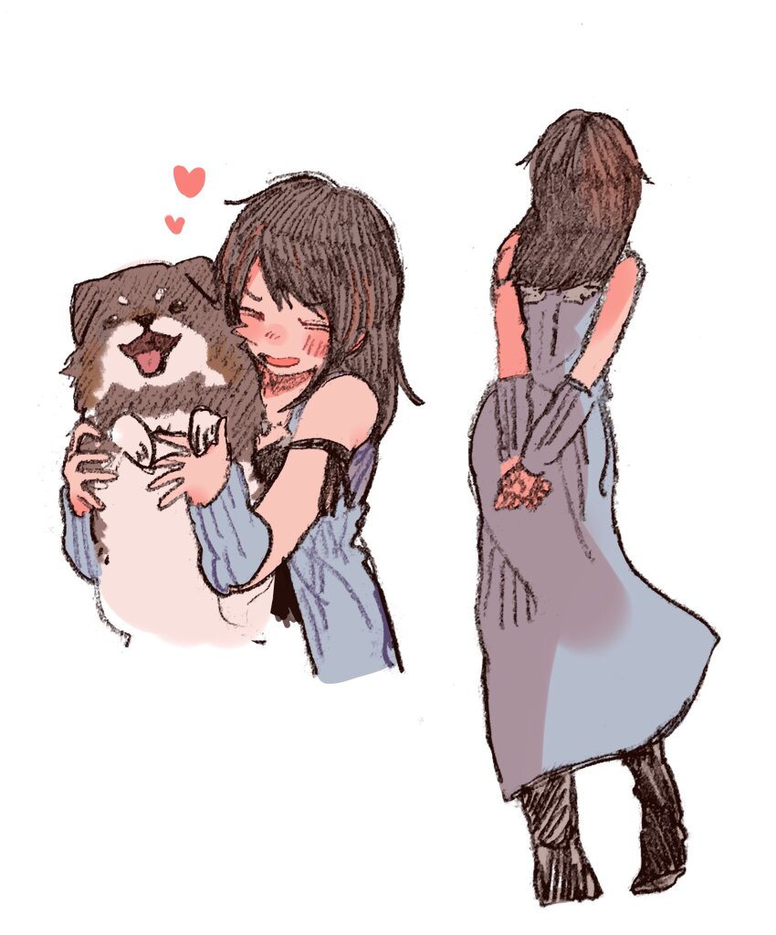 1girl angel_wings angelo_(ff8) animal animal_hug arm_ribbon arm_warmers arms_behind_back black_boots black_hair black_ribbon black_shirt blue_cardigan boots cardigan closed_eyes dog final_fantasy final_fantasy_viii heart highres holding holding_animal holding_dog hug jewelry necklace open_cardigan open_clothes open_mouth own_hands_together ribbon rinoa_heartilly shirt smile solo tasituma2 wings