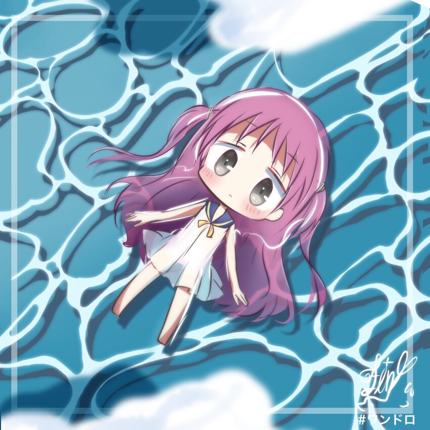 1girl a-pose barefoot blue_sailor_collar blush chibi commentary day dress dutch_angle from_above full_body grey_eyes highres katou_umi long_hair looking_at_viewer lying name_connection ocean on_back one-hour_drawing_challenge outdoors parted_lips pink_hair ribbon sailor_collar sailor_dress signature sleeveless sleeveless_dress solo summer_pockets two_side_up utuigawa very_long_hair white_dress yellow_ribbon