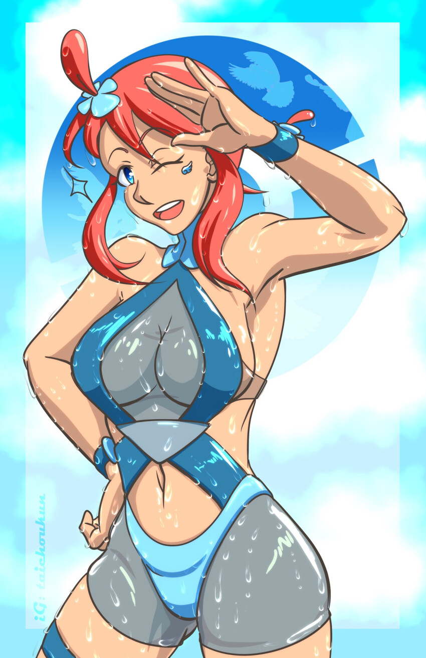 1girl :d alternate_costume blue_eyes breasts commentary dark-skinned_female dark_skin english_commentary game_freak gym_leader highres large_breasts long_hair looking_to_the_side midriff navel nintendo one-piece_swimsuit one_eye_closed open_mouth pokemon pokemon_bw red_hair revealing_clothes see-through_clothes skyla_(pokemon) smile swimsuit taichoukun teeth thigh_strap upper_teeth_only wet
