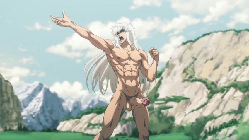 1boy abs armpits bastard!! cloud cloudy_sky dark_schneider dhlinez erection forest grass highres long_hair male_focus mountainous_horizon muscular muscular_male nature navel nipples outdoors pectorals penis screencap sky solo standing testicles third-party_edit very_long_hair white_hair