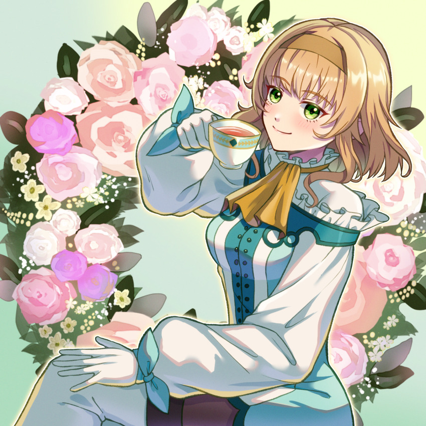 1girl ascot blonde_hair blue_bow blue_dress blunt_bangs blush boots bow breasts brown_hairband ch1emon_i closed_mouth collar commentary_request cup dress floral_background flower frilled_collar frills gloves green_eyes hairband highres holding holding_cup long_sleeves looking_at_viewer medium_breasts medium_hair natalia_luzu_kimlasca_lanvaldear pantyhose pink_flower smile solo tales_of_(series) tales_of_the_abyss teacup thigh_boots two-tone_dress white_boots white_dress white_gloves wrist_bow yellow_ascot