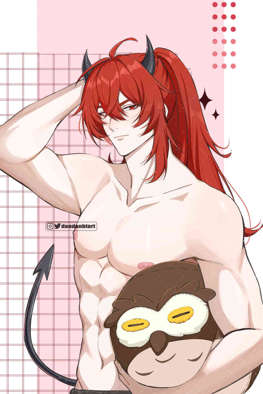 1boy abs absurdres antenna_hair arm_up artist_name black_horns black_tail closed_mouth collarbone commentary crossed_bangs dandanbiart demon_boy demon_horns demon_tail diluc_(genshin_impact) english_commentary genshin_impact hair_between_eyes hair_intakes high_ponytail highres holding holding_stuffed_toy horns instagram_logo light_smile long_hair looking_at_viewer male_focus navel nipples pectorals pink_background ponytail red_eyes red_hair sidelocks simple_background solo sparkle stomach stuffed_animal stuffed_owl stuffed_toy tail topless_male twitter_logo two-tone_background watermark white_background