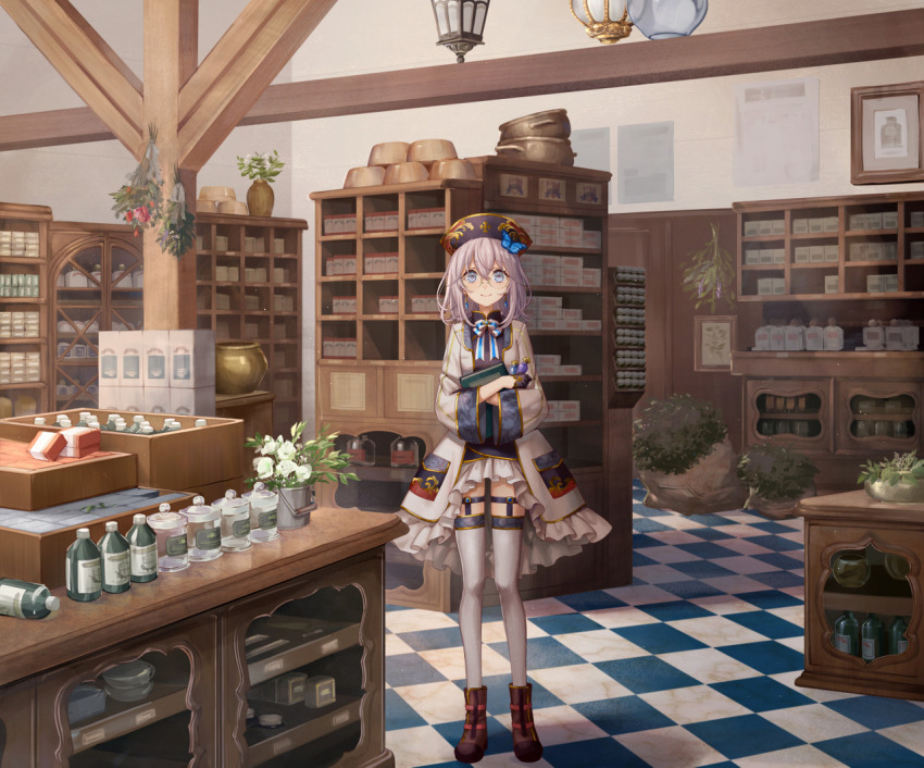1girl blue_butterfly blue_eyes boots breasts brown_boots bug butterfly coat frilled_coat frills full_body indoors insect looking_at_viewer medium_breasts open_clothes open_coat original purple_hair round_eyewear solo standing thighhighs white_coat white_thighhighs yutsumoe