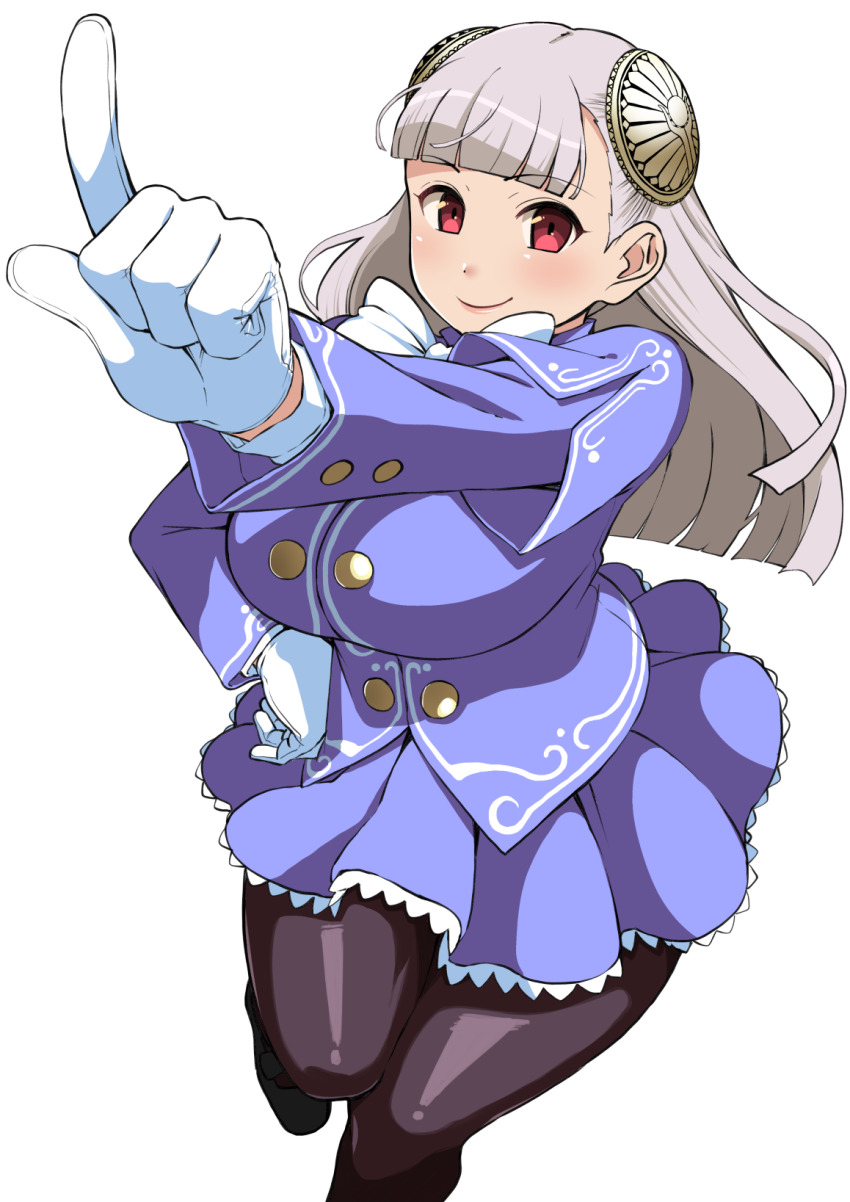 1girl blush breasts brown_pantyhose capcom_fighting_jam commentary_request female_focus frilled_skirt frills gloves grey_hair hairpods hand_on_own_hip highres index_finger_raised ingrid_(capcom) komusou_(jinrikisha) large_breasts lavender_jacket long_hair mary_janes pantyhose purple_skirt red_eyes ribbon shoes skirt smile solo white_gloves white_ribbon