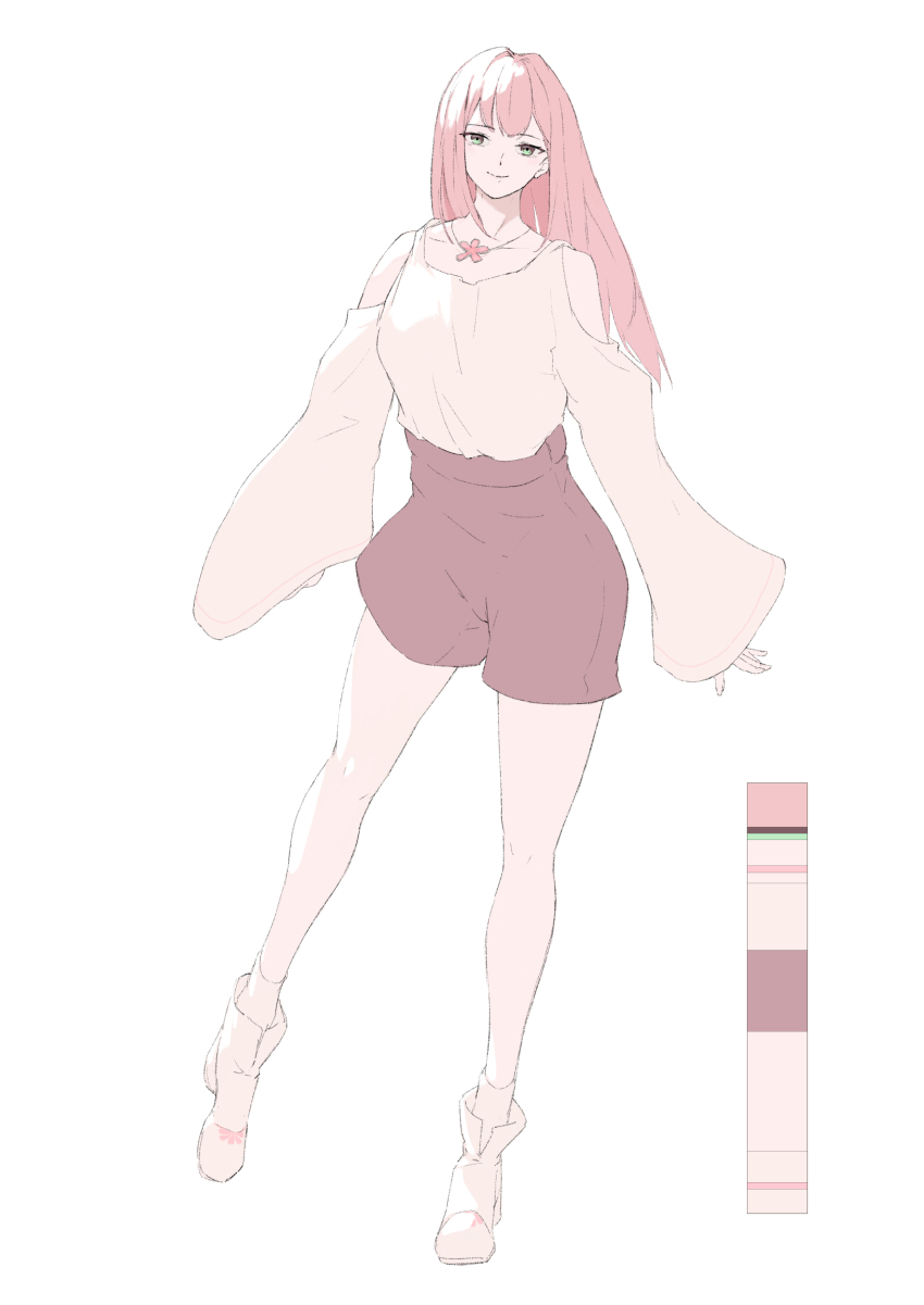 1girl absurdres closed_mouth clothing_cutout facing_viewer full_body green_eyes high-waist_shorts highres jewelry legs limited_palette long_hair long_sleeves looking_at_viewer mazaki_oekaki necklace original pale_color pastel_colors pink_hair shorts shoulder_cutout sketch smile solo standing white_background white_footwear wide_sleeves