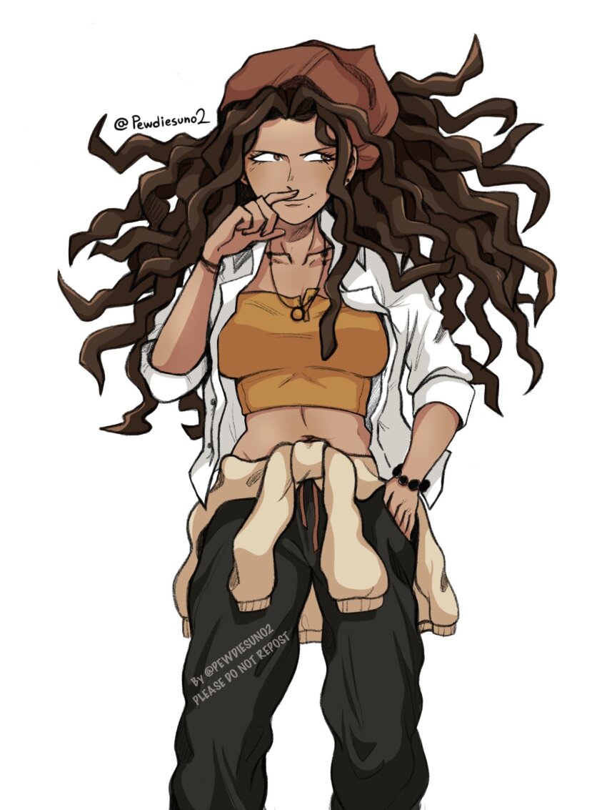 1girl artist_name bead_bracelet beads black_pants bracelet breasts brown_hair collarbone crop_top danganronpa:_trigger_happy_havoc danganronpa_(series) dark-skinned_female dark_skin hagakure_yasuhiro highres jewelry large_breasts long_hair long_sleeves mat_(pewdiesuno) mole mole_under_mouth navel necklace open_clothes open_shirt pants shirt sideways_glance simple_background smile solo stomach sweater white_hair white_shirt