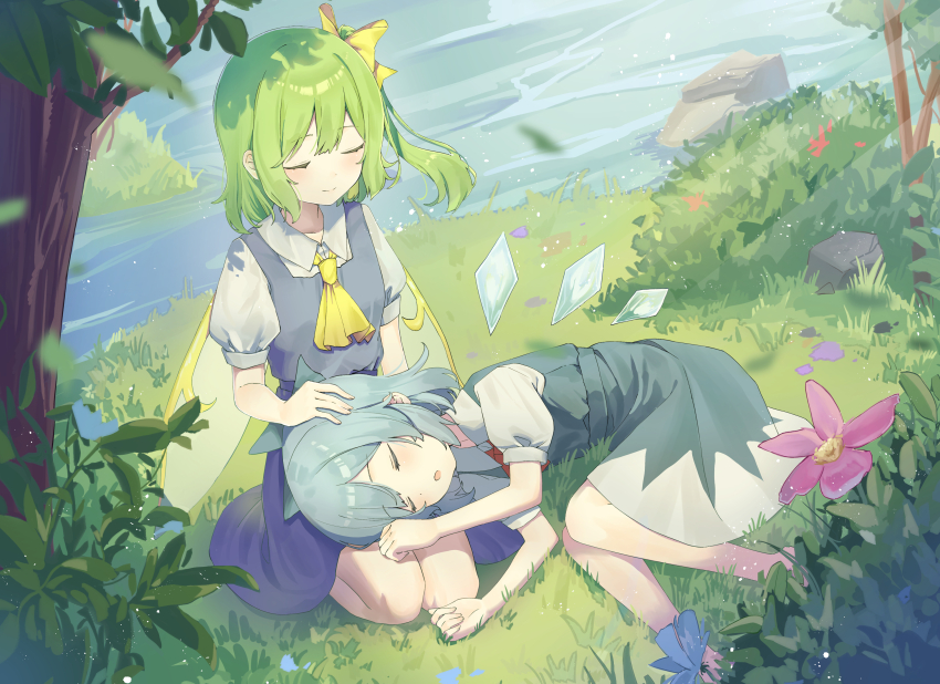 2girls absurdres blue_bow blue_dress blue_hair bow cirno daiyousei dress fairy_wings flower grass green_hair hair_bow hand_on_another&#039;s_head highres ice ice_wings kitahara_(pixiv_19528441) lap_pillow lying multiple_girls nature on_grass on_side one_side_up outdoors pinafore_dress pink_flower river seiza shirt sitting sleeping sleeveless sleeveless_dress touhou tree white_shirt wings yellow_bow