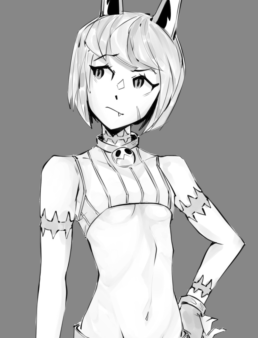 1girl animal_ears arm_at_side belt bracelet breasts cat_ears cat_girl closed_mouth collar crop_top fang fujimna grey_background hand_on_own_hip highres jewelry looking_to_the_side medium_hair monochrome ms._fortune_(skullgirls) navel scar simple_background skullgirls small_breasts solo underboob