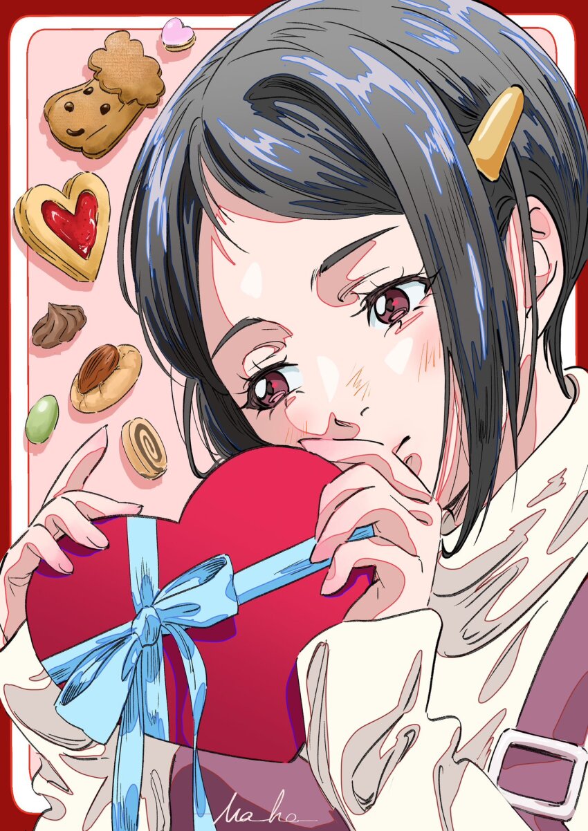 1girl aoki_maho artist_name astro_note black_hair box brown_eyes cookie food gift hair_ornament hairclip heart-shaped_box highres holding holding_gift kamimachi_aoi long_sleeves naosuke_(astro_note) solo upper_body
