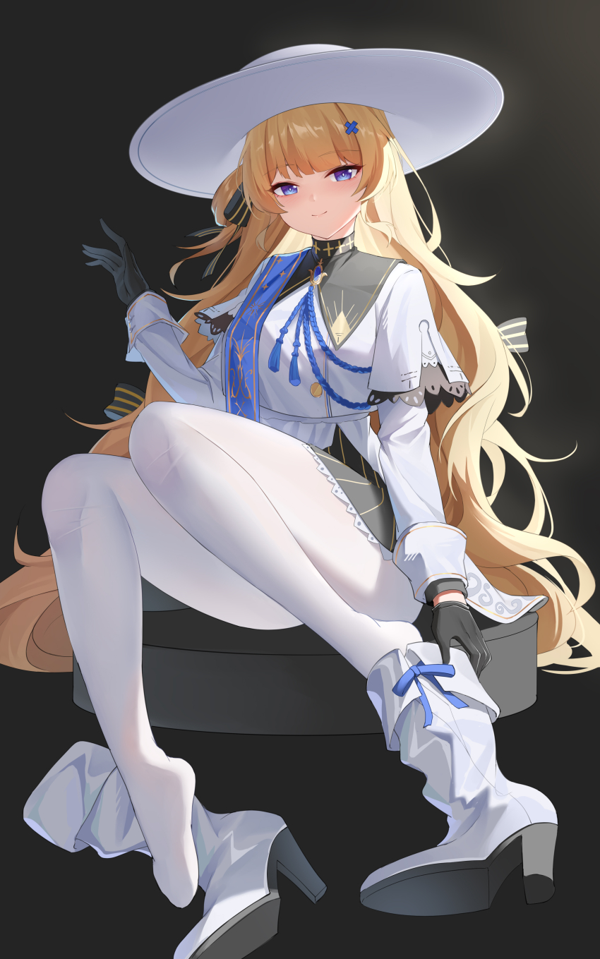 1girl absurdres black_background black_bow black_collar black_gloves blonde_hair blue_sash boots bow collar commentary gloves hair_ornament hat high_heel_boots high_heels highres kafeifeifeifeifeifei_jiemo_jun long_hair looking_at_viewer pantyhose phoebe_(wuthering_waves) purple_eyes removing_shoes sash shoes sitting skirt smile solo striped_bow unworn_shoes white_hat white_pantyhose white_skirt wuthering_waves x_hair_ornament