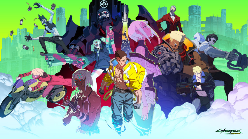 4girls 6+boys absurdres adam_smasher alt_text brother_and_sister cd_projekt_red commentary cyberpunk cyberpunk:_edgerunners cyberpunk_(series) cyborg dark-skinned_male dark_skin david_martinez dorio_(cyberpunk) english_commentary english_text explosive falco_(cyberpunk) faraday_(cyberpunk) flashbang glowing glowing_eyes goggles goggles_on_head grenade highres kiwi_(cyberpunk) lucy_(cyberpunk) maine_(cyberpunk) mechanical_arms multiple_boys multiple_girls official_art pilar_(cyberpunk) rebecca_(cyberpunk) siblings trigger_(company)