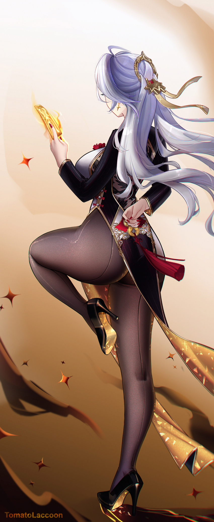 1girl absurdres ahoge alternate_costume arm_behind_back artist_name ass black_dress black_pantyhose black_shoes breasts china_dress chinese_clothes commentary dress earrings english_commentary from_behind full_body high_heels highres holding_ofuda huge_ass jewelry large_breasts long_sleeves nail_polish paid_reward_available pantyhose pelvic_curtain red_nails shoes solo standing standing_on_one_leg tassel tomatolaccoon two-sided_dress two-sided_fabric white_hair yixuan_(zenless_zone_zero) zenless_zone_zero