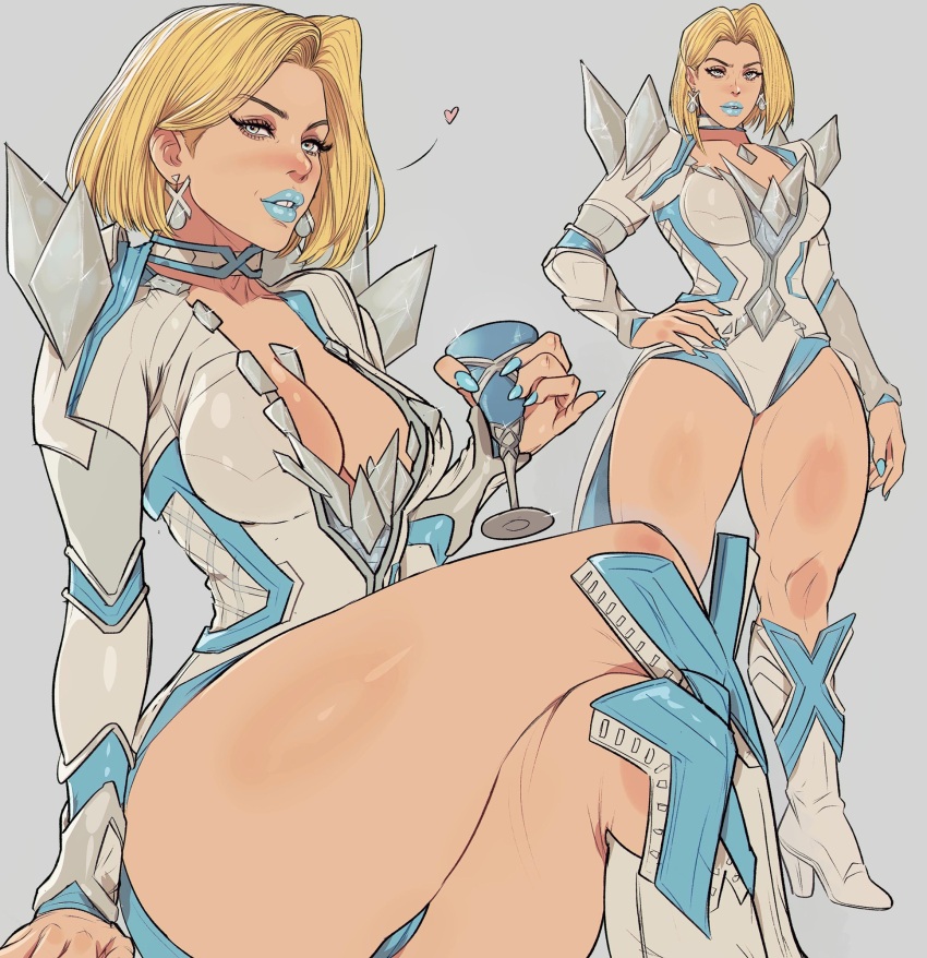 1girl blonde_hair blue_eyes blue_lips breasts cleavage cup drinking_glass earrings emma_frost highres holding holding_cup jewelry lipstick makeup marvel marvel_rivals solo superhero_costume x-men yoracrab