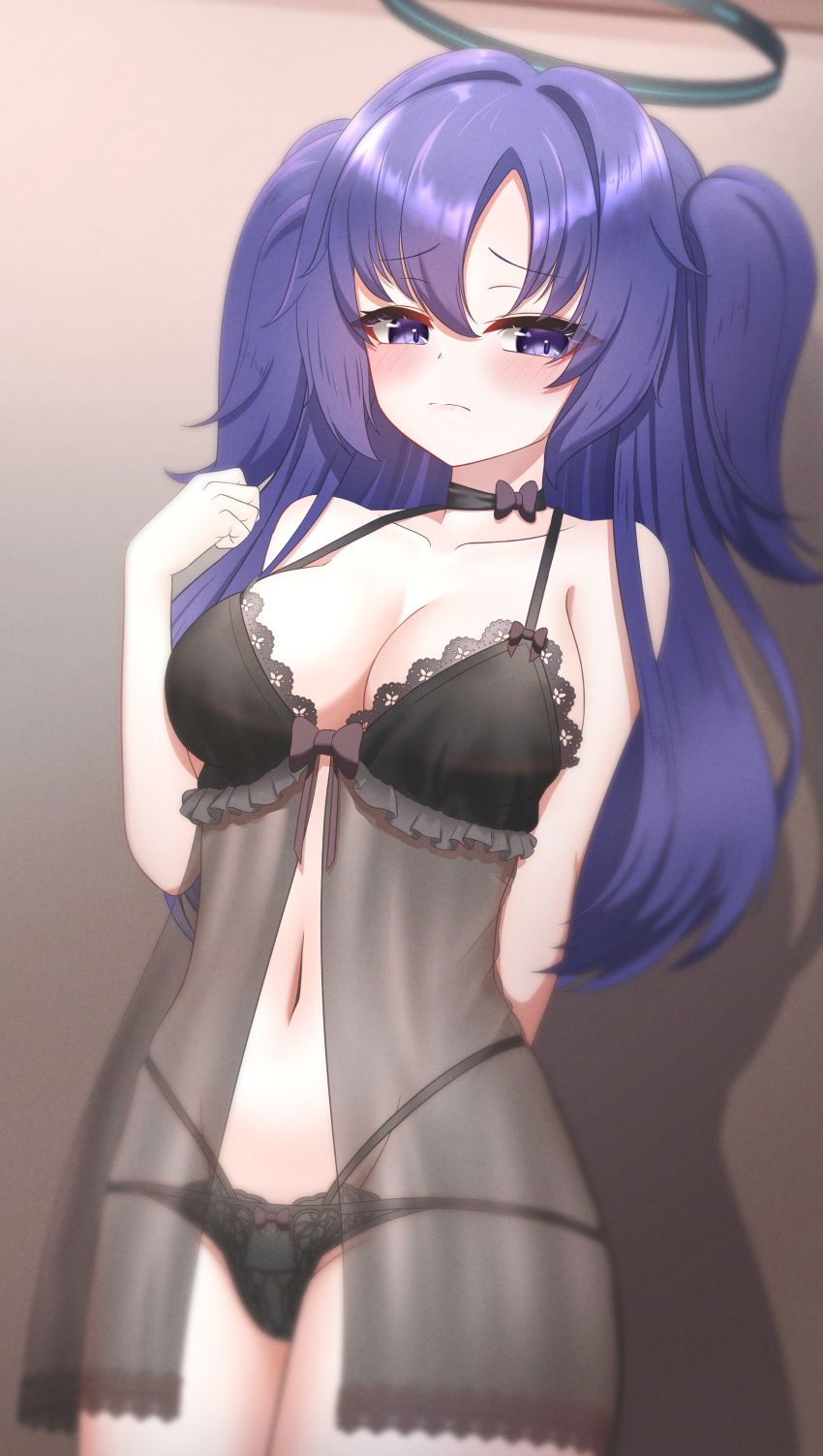 1girl absurdres arm_behind_back babydoll bare_shoulders black_babydoll black_halo black_panties blue_archive blush breasts collarbone frilled_babydoll gnoet halo highres lace lace-trimmed_babydoll lace_panties lace_trim large_breasts lingerie long_hair mechanical_halo navel panties purple_eyes purple_hair two_side_up underwear yuuka_(blue_archive)