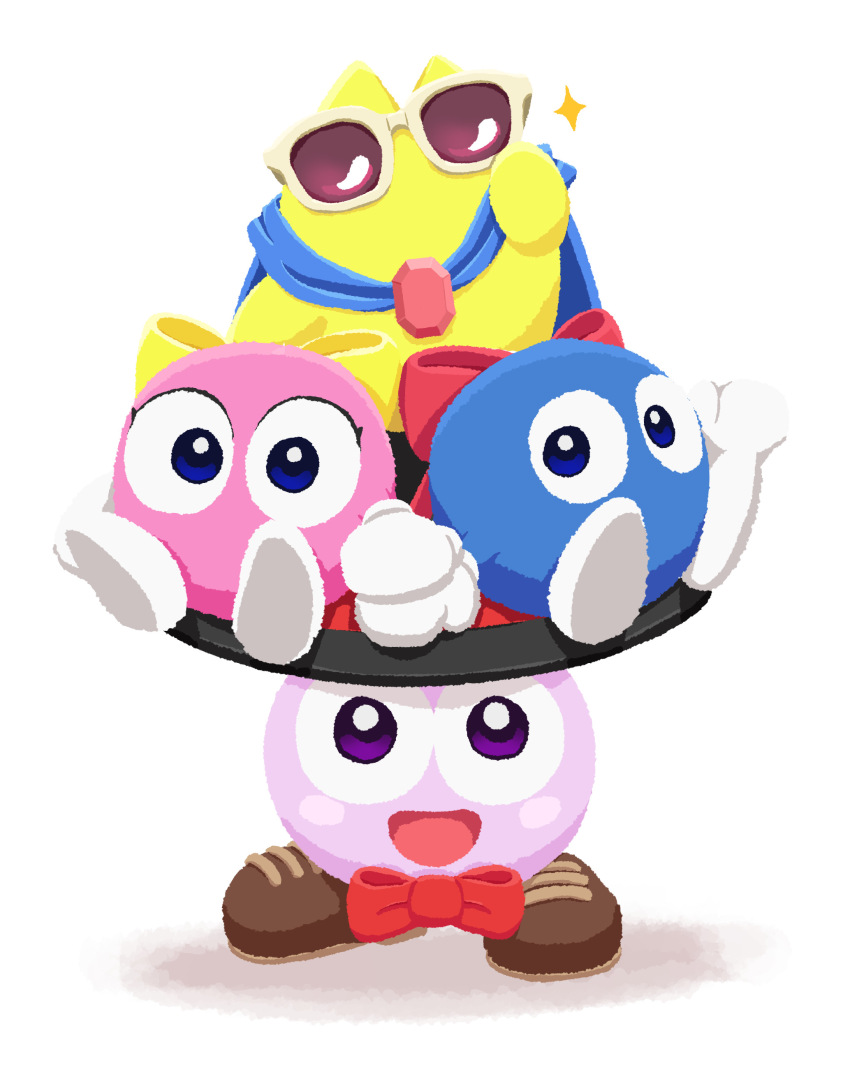 absurdres blue_cape blue_ribbon blue_skin blush_stickers bow bowtie cape colored_skin gloves hat highres kirby_(series) kirby_air_ride kirby_air_riders lalala_(kirby) lololo_(kirby) looking_at_viewer marx_(kirby) nintendo no_humans pink_skin purple_skin red_bow red_bowtie ribbon starman_(kirby) sunglasses top_hat white_gloves yellow_ribbon yellow_skin zousui_(zousuioishii)