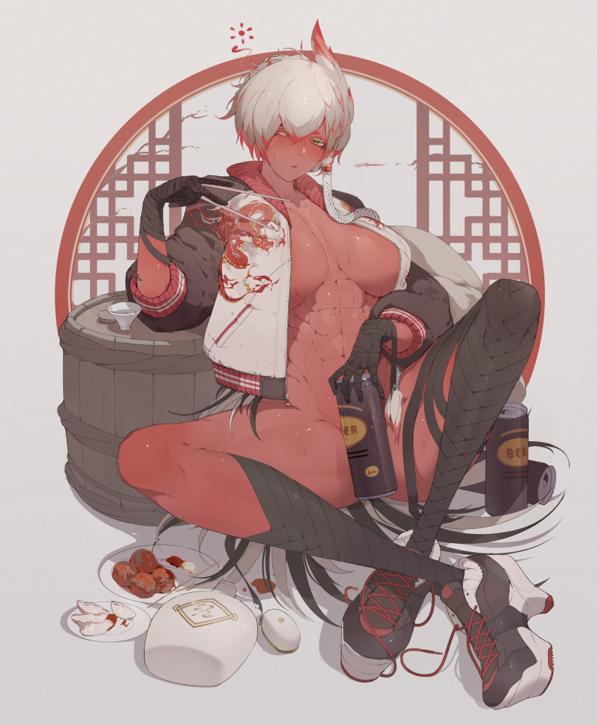 1girl abs bandaged_hand bandaged_leg bandages blush breasts breasts_apart can colored_skin dragon_print drunk feather_hair food grey_hair half-closed_eyes highres holding holding_can indian_style jacket large_breasts monster_girl mu_lu_(ub1mo) naked_jacket needle open_clothes open_jacket original parted_lips red_hair red_skin shoes short_hair single_sidelock sitting sneakers solo squeans sukajan throwing_needles toned toned_female ub1mo