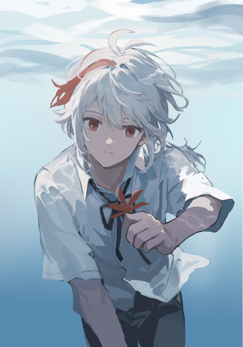 1boy absurdres antenna_hair black_pants black_ribbon genshin_impact highres holding holding_leaf kaedehara_kazuha kongmingbubu leaf low_ponytail medium_hair multicolored_hair neck_ribbon pants ponytail red_hair ribbon school_uniform shirt short_sleeves sidelocks solo streaked_hair underwater white_hair white_shirt
