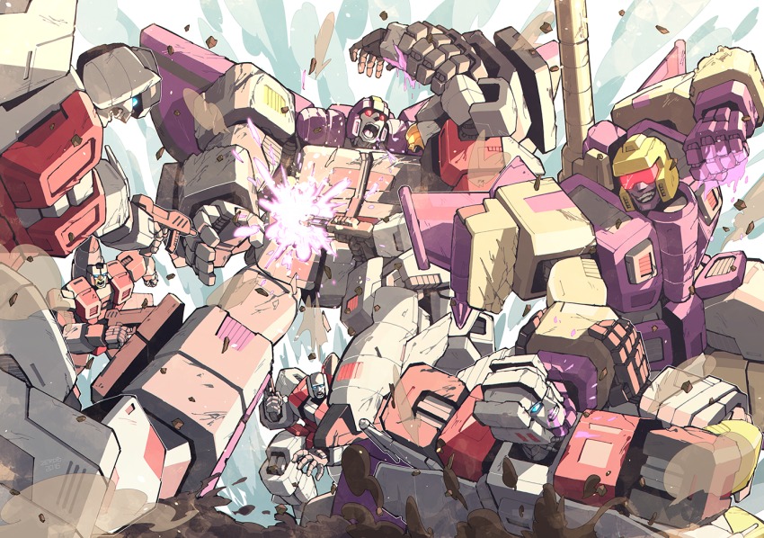 6+boys aerialbots air_raid_(transformers) astrotrain autobot blitzwing blue_eyes borezet cannon choke_hold clenched_hand clenched_hands clenched_teeth decepticon fighting fireflight firing full_body glowing glowing_eyes gun holding holding_gun holding_weapon machine machinery male_focus mecha multiple_boys no_humans open_mouth personification red_eyes retro_artstyle robot science_fiction silverbolt skydive_(transformers) slingshot_(transformers) smile strangling tank_turret teeth tongue transformers weapon