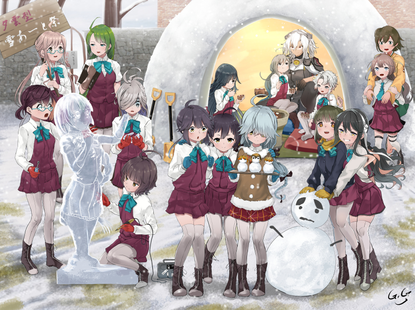 6+girls :d :t absurdres ahoge akishimo_(kancolle) asashimo_(kancolle) asymmetrical_bangs asymmetrical_hair bare_tree black_gloves black_hair black_legwear black_ribbon blazer blue-framed_eyewear blue_eyes blue_gloves blue_hair blue_jacket blue_neckwear blunt_bangs blush bob_cut boots bow bowl bowtie braid breasts brick_wall brown_eyes brown_gloves brown_hair brown_scarf brown_sweater chisel chopsticks clenched_hands clipboard collar commentary_request crown_braid cushion dark-skinned_female dark_skin double_bun dress eating fingerless_gloves flat_chest food fujinami_(kancolle) full_body fur-trimmed_sweater fur_trim gegesan glasses gloves gradient_eyes gradient_hair green_eyes green_hair green_hakama grey_eyes grey_hair grey_legwear griddle grill grin hair_between_eyes hair_bun hair_ornament hair_over_eyes hair_over_one_eye hair_ribbon hairband hakama hakama_short_skirt hakama_skirt halterneck hamanami_(kancolle) hand_on_another&#039;s_shoulder hayanami_(kancolle) hayashimo_(kancolle) headgear highres hime_cut hiryuu_(kancolle) holding holding_bowl holding_chopsticks holding_clipboard holding_sign horrified hug hug_from_behind huge_filesize ice_sculpture igloo indian_style jacket japanese_clothes kantai_collection kazagumo_(kancolle) kikumon kimono kishinami_(kancolle) kiyoshimo_(kancolle) lace-up_boots large_breasts leaf_hair_ornament long_hair long_sleeves looking_at_another looking_at_viewer low_twintails makigumo_(kancolle) medium_breasts mochi mole mole_under_mouth multicolored_eyes multicolored_hair multiple_girls musashi_(kancolle) musashi_kai_ni_(kancolle) naganami_(kancolle) necktie okinami_(kancolle) one_side_up open_mouth outdoors pantyhose pink_hair plaid_clothes plaid_skirt pleated_skirt pointy_hair ponytail purple_eyes purple_hair purple_skirt red_eyes red_gloves ribbon round_eyewear scarf school_uniform semi-rimless_eyewear shirt short_hair short_hair_with_long_locks short_sleeves shovel side_ponytail sidelocks sign signature single_braid single_hair_bun single_thighhigh sitting sitting_on_lap sitting_on_person skirt sleeves_rolled_up small_breasts smile snow snow_shelter snowing snowman squatting standing surprised sweat sweater takanami_(kancolle) tan tatami thighhighs translation_request tree tsurime turn_pale twintails two_side_up very_long_hair vest white_hair white_hairband white_ribbon white_shirt yellow_eyes yellow_kimono yuugumo_(kancolle) zabuton zettai_ryouiki