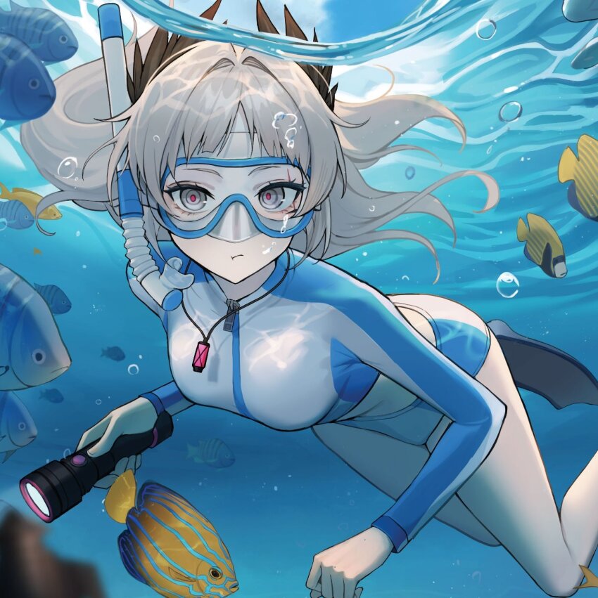 1girl air_bubble arknights beruko14 blue_sky breasts bubble cloud commentary_request cropped diving diving_mask diving_suit fish flashlight flashlight_beam flippers freediving goggles grey_eyes grey_hair highres holding holding_breath holding_flashlight irene_(arknights) jewelry korean_commentary lantern long_hair medium_breasts necklace pout puffy_cheeks rash_guard scar scar_across_eye scar_on_face school_of_fish seafloor sky snorkel snorkel_mask sportswear submerged swimming swimsuit tropical_fish underwater water zipper_pull_tab