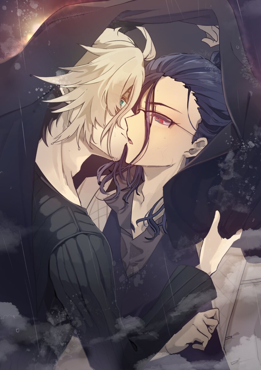 2boys absurdres ahoge aka46725 aladdin_(sinoalice) beard black_hair black_shirt blanket blonde_hair blue_eyes closed_mouth collared_shirt commission couple face-to-face facial_hair glasses hameln_(sinoalice) highres imminent_kiss jacket long_sleeves looking_at_another male_focus medium_hair multiple_boys night open_collar outdoors ponytail rain reality_arc_(sinoalice) red_eyes second-party_source shirt short_hair single_sidelock sinoalice skeb_commission white_jacket yaoi