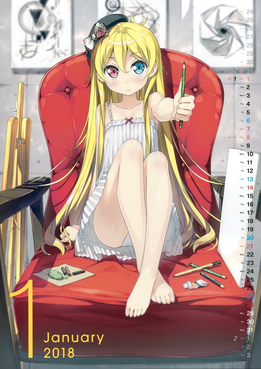 1girl :c absurdres arm_support barefoot beret black_hat blonde_hair blue_eyes blurry blush bow canvas_(object) chair clenched_hand collarbone copyright_request crossed_legs depth_of_field detexted dress easel feet feet_on_chair female_focus frown full_body hair_between_eyes hat hat_bow heterochromia highres holding holding_pencil huge_filesize kantoku long_hair long_legs looking_at_viewer non-web_source outstretched_arm paint_tube panties pantyshot pastels pencil plaid_bow red_eyes scan sitting sleeveless sleeveless_dress solo sundress third-party_edit underwear very_long_hair white_dress white_panties