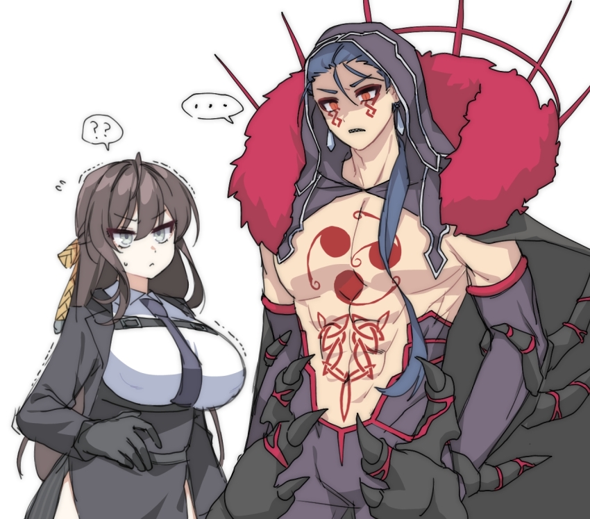 ... 1boy 1girl :&lt; ? abs annoyed bad_id bad_pixiv_id black_cape black_gloves black_jacket blue_hair bodysuit bow breasts brown_hair buckle cape chest_tattoo counter:side cowboy_shot crossover cu_chulainn_(fate) cu_chulainn_alter_(fate) cu_chulainn_alter_(third_ascension)_(fate) detached_hood earrings elbow_gloves facial_mark fate/grand_order fate_(series) gloves green_eyes hair_bow hair_over_shoulder height_difference hood jacket jaina_kropel jewelry large_breasts long_hair looking_at_another muscular necktie omgwtfyawp ponytail purple_bodysuit purple_gloves red_eyes spikes spoken_ellipsis spoken_question_mark standing tattoo trembling white_background yellow_bow
