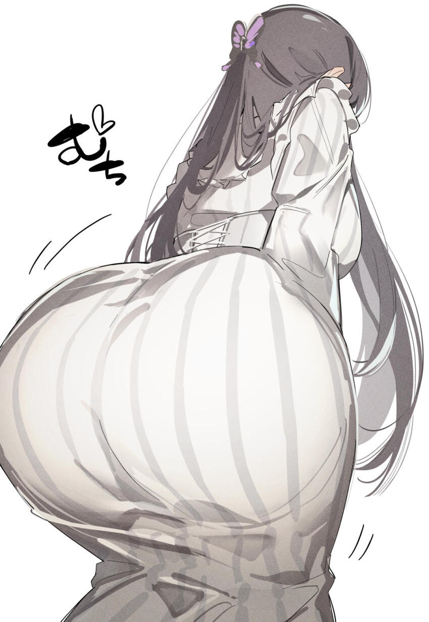 1girl ass ass_focus butterfly_hair_ornament commentary_request corset dress from_below grey_hair hair_ornament highres idolmaster idolmaster_shiny_colors karan long_hair pinstripe_pattern simple_background solo very_long_hair white_background white_dress yukoku_kiriko