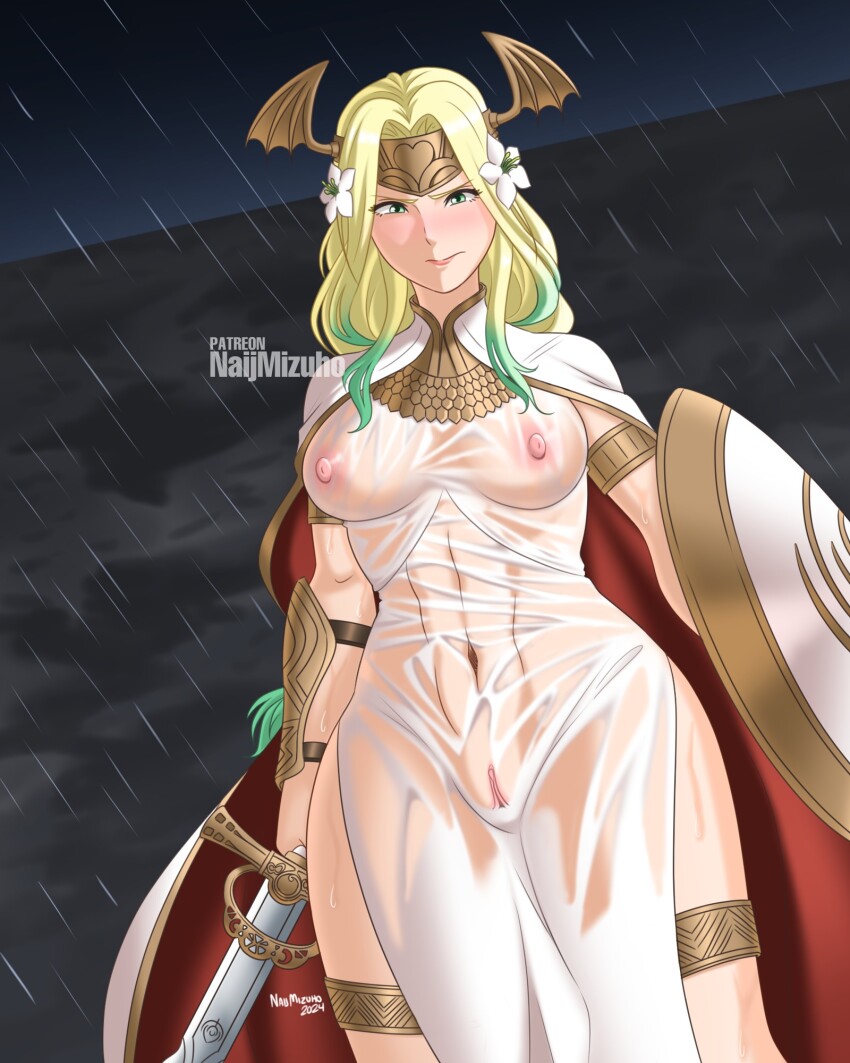 1girl abs accidental_exposure angry blush breasts covered_erect_nipples dress embarrassed fire_emblem fire_emblem:_three_houses green_eyes green_hair highres holding holding_sword holding_weapon medium_breasts naijmizuho nintendo no_bra no_panties pussy rain rhea_(fire_emblem) see-through_clothes see-through_dress seiros_(fire_emblem) shield solo sword wardrobe_malfunction weapon wet