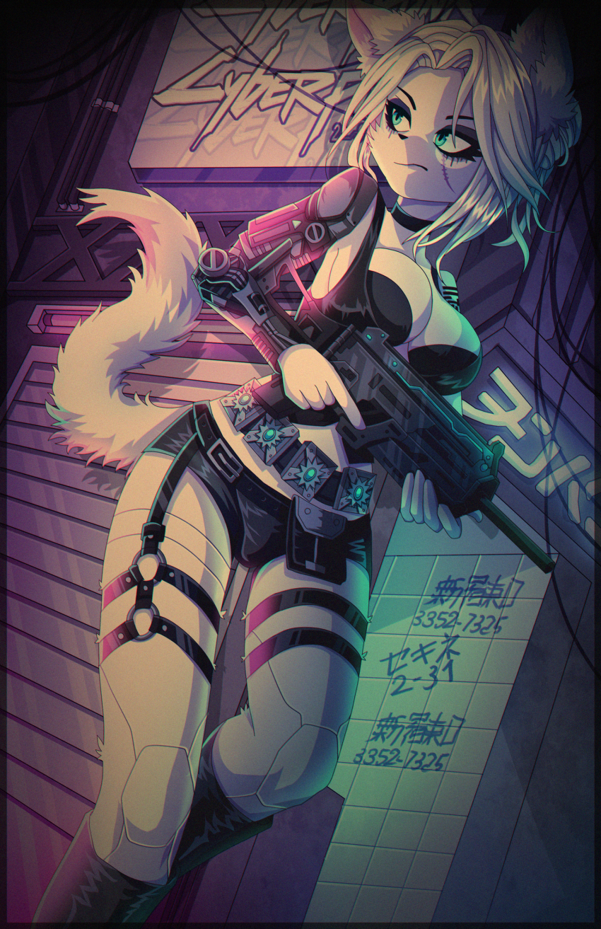 1girl absurdres alternate_species belt black_choker blue_eyes bra breasts choker ciri cyberpunk cyberpunk_(series) cyberpunk_2077 cyborg fluffy furrification furry gun harness highres jacket jewelry large_breasts leather leather_jacket leather_shorts leather_vest looking_back makeup mechabare necklace neon_lights non-web_source open_clothes runny_makeup scar short_shorts shorts solo tail the_witcher_(series) tweenstrip underwear weapon white_fur white_hair