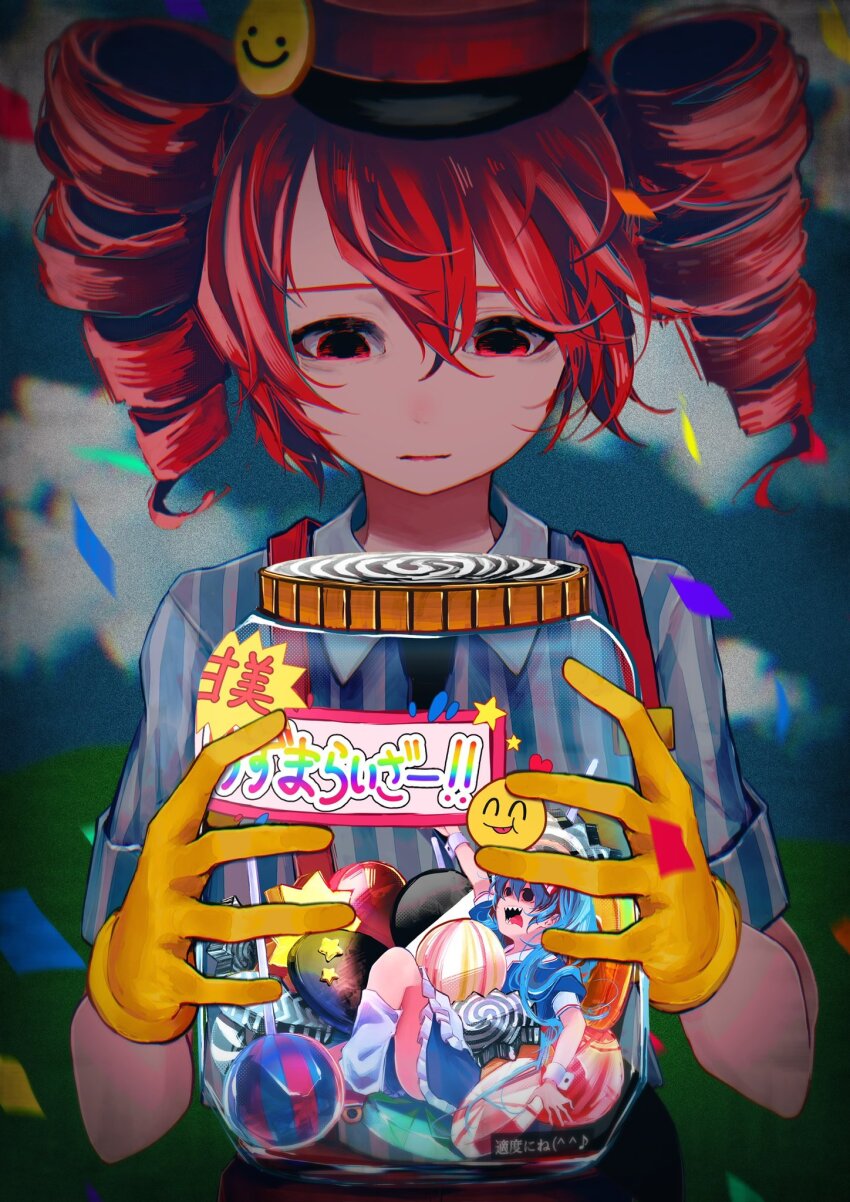 2girls blue_dress candy closed_mouth cloud confetti despair dress food furry gloves hair_between_eyes hatsune_miku hibana_art highres kasane_teto kneehighs lollipop mesmerizer_(vocaloid) mini_person multiple_girls open_mouth pants red_eyes red_hair red_pants sharp_teeth shirt short_sleeves sky sleeves_rolled_up smiley_hat_ornament socks solid_circle_eyes spiral striped_clothes striped_shirt suspenders teeth tongue tongue_out twintails utau vocaloid white_socks white_wrist_cuffs wrist_cuffs yellow_gloves