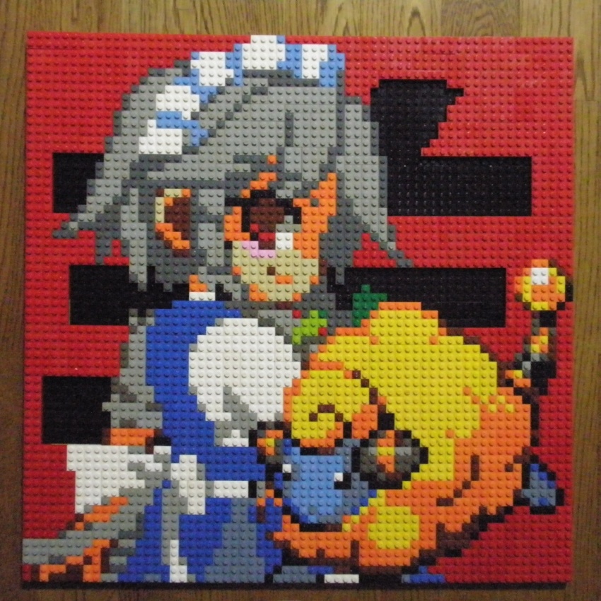 1girl black_eyes blue_dress bow braid closed_mouth dress game_freak gen_2_pokemon green_bow grey_hair hair_bow highres izayoi_sakuya lego lego_(medium) looking_at_viewer looking_back maid maid_headdress mareep nintendo petticoat photo_(medium) pixel_art pokemon pokemon_(creature) red_background red_eyes short_sleeves side_braids smile text_background touhou unconventional_media you_rei_(blowback)