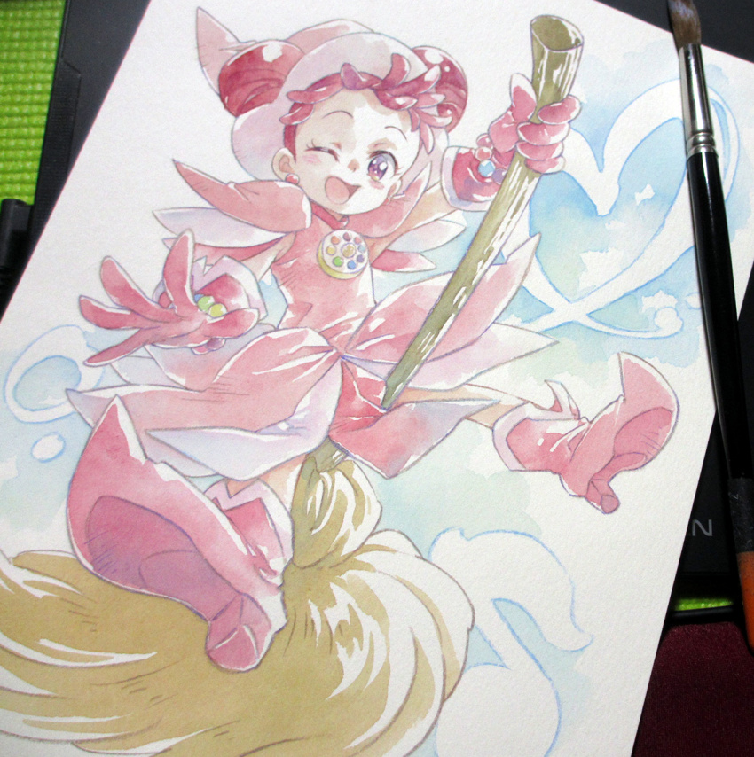 1girl agahari art_brush art_tools_in_frame bead_bracelet beads boots bracelet broom broom_riding commentary_request double_bun dress eighth_note full_body gloves hair_bun harukaze_doremi hat heart high_heel_boots high_heels highres jewelry looking_at_viewer magical_girl musical_note ojamajo_doremi one_eye_closed open_mouth paintbrush painting_(medium) photo_(medium) pink_boots pink_dress pink_gloves pink_hat pointy_boots purple_eyes red_hair short_hair smile solo traditional_media witch_hat