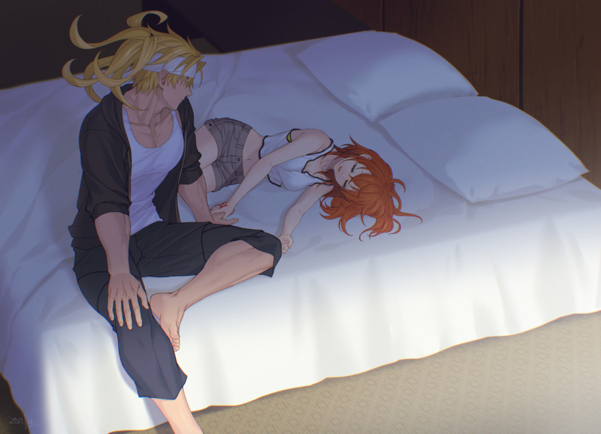 1boy 1girl ahoge bikini blonde_hair closed_eyes command_spell crop_top fate/grand_order fate_(series) fujimaru_ritsuka_(female) fujimaru_ritsuka_(female)_(summer_street) holding_hands jacket muscular muscular_male navel on_bed open_clothes open_jacket orange_hair sakata_kintoki_(fate) shirt short_hair shorts sitting sleeping smile swimsuit tank_top zanshi
