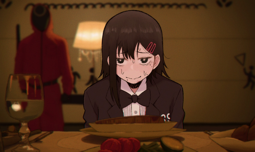 1boy 1girl alternate_costume alternate_hairstyle black_eyes black_hair black_mask bow bowtie bright_pupils chainsaw_man cup dining_room drinking_glass food formal_clothes hair_ornament hairclip higashiyama_kobeni highres indoors lamp looking_at_viewer medium_hair mole mole_on_cheek mole_under_eye nekonbini nervous nervous_smile numbered pants parody pink_pants plate sitting smile solo_focus squid_game steak suit sweat tuxedo upper_body white_pupils wine_glass