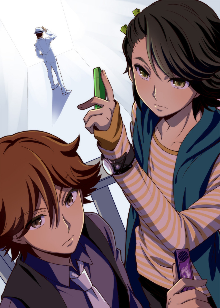 3boys bad_id bad_pixiv_id black_hair brown_eyes brown_hair fedora gaia_memory green_eyes hair_ornament hat hidari_shoutarou highres holding holding_unworn_clothes holding_unworn_hat kamen_rider kamen_rider_w light looking_at_viewer male_focus multiple_boys narumi_sokichi necktie philip philip_(kamen_rider) unworn_hat unworn_headwear watch yukihira