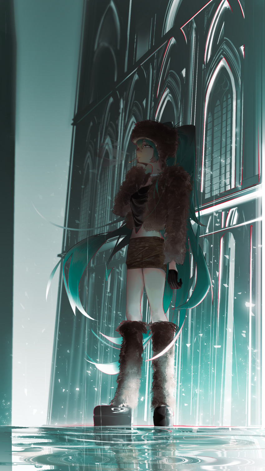 1girl alternate_costume aqua_eyes aqua_hair architecture black_gloves black_shirt black_shoes brown_coat brown_hat brown_leg_warmers brown_skirt building castt77 cigarette coat crop_top expressionless floating_hair from_side full_body fur_coat fur_hat fur_leg_warmers gloves gothic_architecture hair_between_eyes hand_on_own_cheek hand_on_own_face hat hatsune_miku highres jewelry leg_warmers long_hair looking_up necklace night outdoors pearl_necklace platform_shoes puddle rain ripples shards shirt shoes sidelocks skirt smoking solo standing twintails ushanka very_long_hair vocaloid window