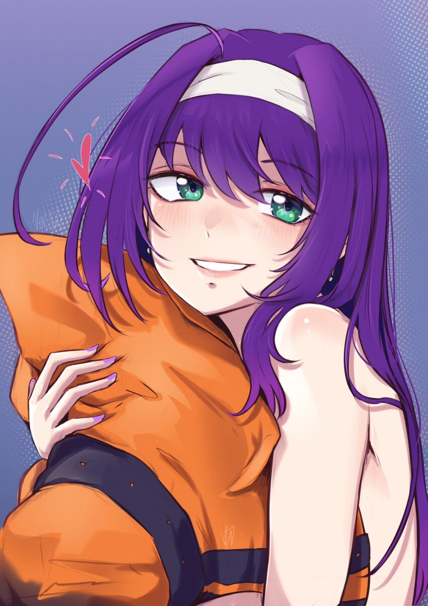 1girl ahoge blue_background fire_emblem fire_emblem:_path_of_radiance fire_emblem:_radiant_dawn fire_emblem_heroes green_eyes grin hairband hat highres holding holding_unworn_clothes holding_unworn_hat long_hair looking_at_viewer mia_(fire_emblem) mia_(halloween)_(fire_emblem) nintendo nude orange_hat purple_hair smile solo unworn_hat unworn_headwear upper_body very_long_hair vialnite white_hairband witch_hat