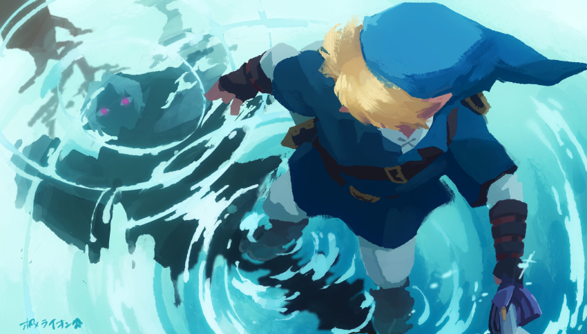 1boy belt blue_hat blue_tunic brown_belt brown_gloves commentary_request different_reflection fingerless_gloves from_above gloves hat highres holding holding_sword holding_weapon link long_sleeves looking_down male_focus master_sword nintendo pants pointy_ears pomeraion reflection shirt shoulder_belt solo sword the_legend_of_zelda the_legend_of_zelda:_ocarina_of_time translation_request tunic wading water weapon white_pants white_shirt