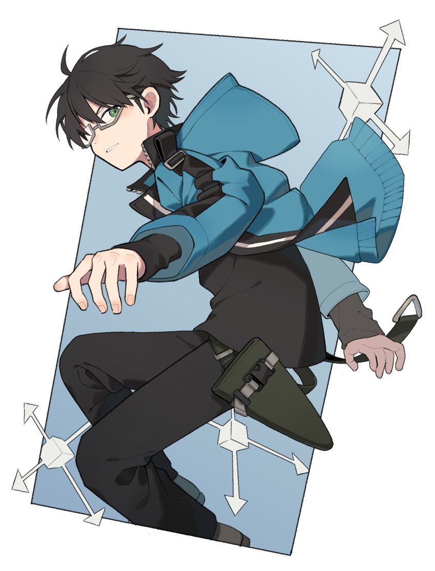 1boy adapted_costume arrow_(symbol) belt black_hair black_pants black_shirt blue_background blue_jacket border cube glasses green_eyes highres hood hood_down hooded_jacket jacket jumping korean_commentary long_sleeves looking_at_viewer looking_to_the_side male_focus mikumo_osamu mikumo_squad&#039;s_uniform nana_0253 opaque_glasses open_clothes open_jacket outside_border outstretched_arm pants partially_opaque_glasses semi-rimless_eyewear shirt shoes short_hair solo under-rim_eyewear unzipped white_background world_trigger