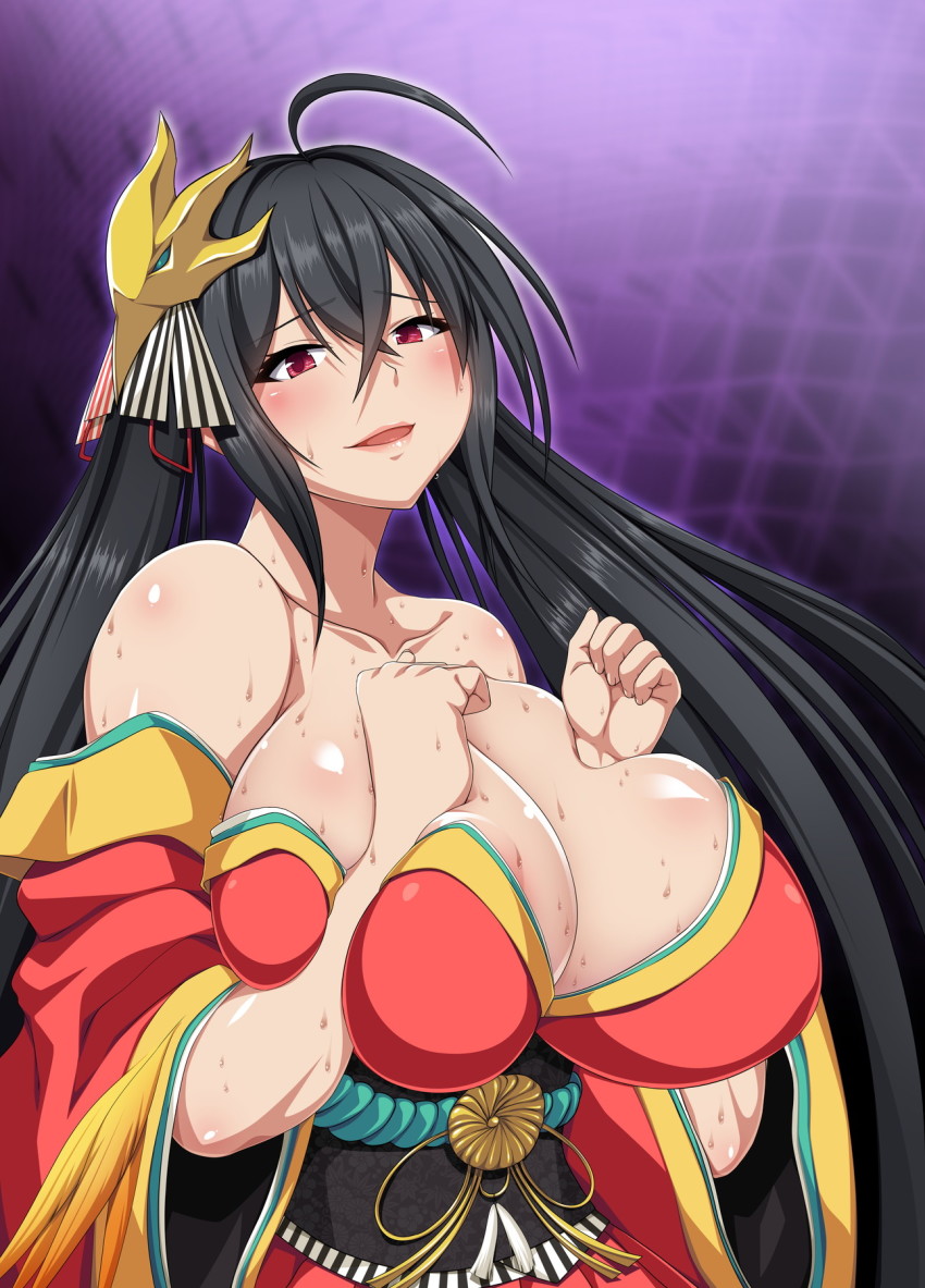 1girl ahoge azur_lane bare_shoulders black_hair blush breasts breasts_squeezed_together cleavage collarbone commentary_request crossed_bangs feather-trimmed_sleeves female_focus hair_between_eyes hair_ribbon head_tilt highres huge_breasts japanese_clothes kimono long_hair long_sleeves looking_at_viewer mask mask_on_head off_shoulder oneone1 open_mouth red_eyes red_kimono red_ribbon ribbon shiny_skin smile solo striped_ribbon sweat taihou_(azur_lane) twintails very_long_hair wide_sleeves
