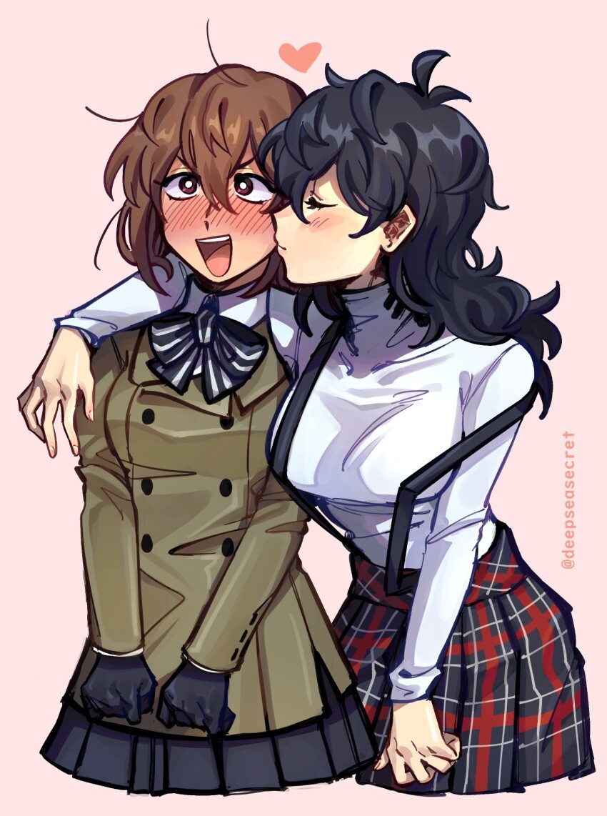 2girls akechi_gorou amamiya_ren arm_around_shoulder black_hair blush brown_hair deepseasecret embarrassed genderswap genderswap_(mtf) gloves highres kiss messy_hair multiple_girls overalls persona persona_5 school_uniform shuujin_academy_school_uniform yuri
