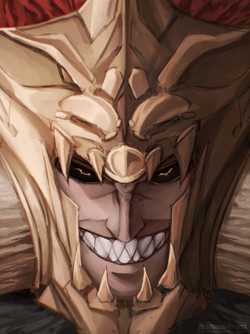 1boy armor black_sclera close-up colored_sclera commentary elden_ring english_commentary fake_horns fake_teeth gold_armor grin highres horns long_hair looking_at_viewer male_focus ornate_armor red_hair satsu-strive sharp_teeth smile spiked_helmet starscourge_radahn teeth yellow_eyes