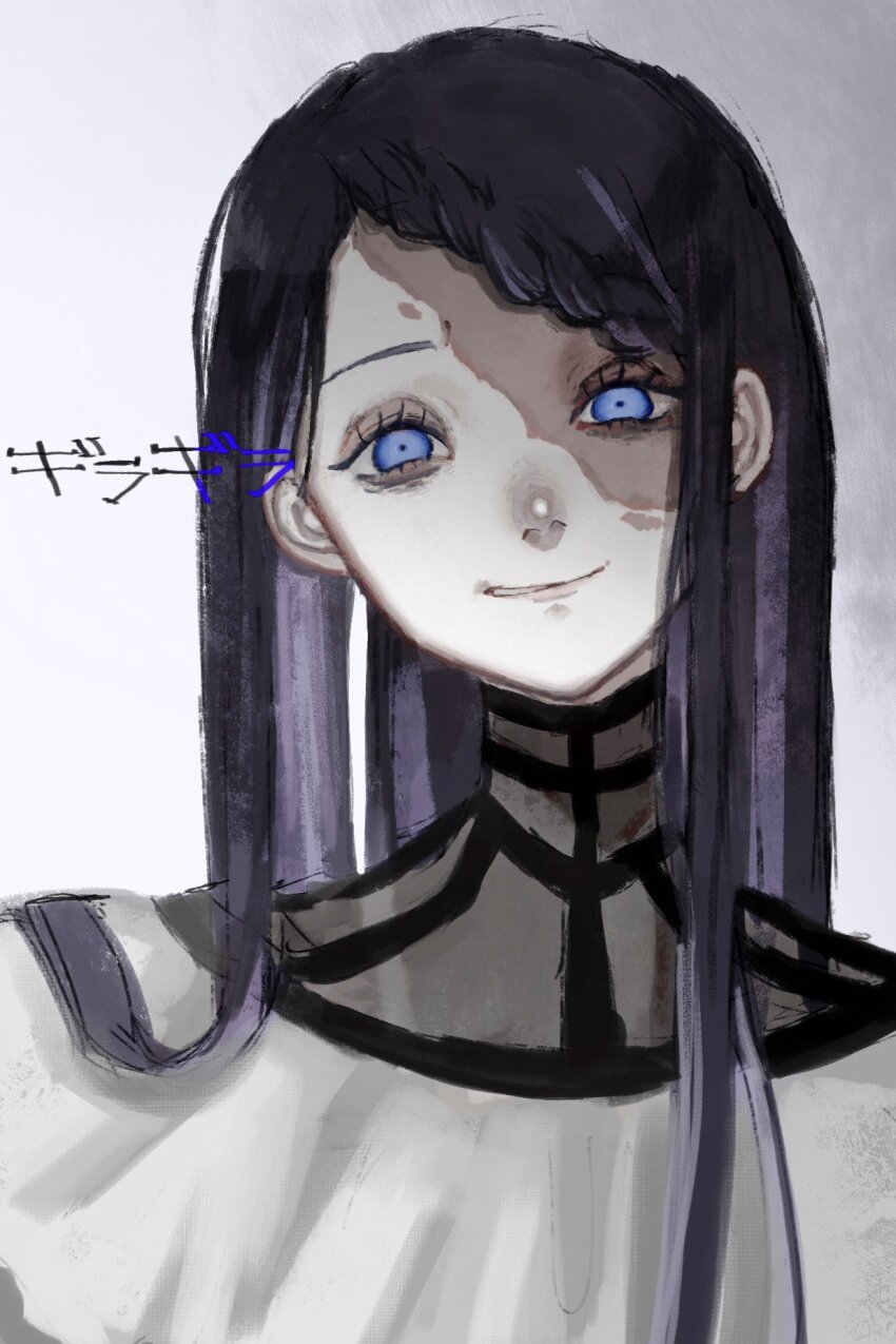 1girl ado_(utaite) blue_eyes blue_hair commentary gira-gira-chan_(ado) gira_gira hashtag-only_commentary highres long_hair looking_at_viewer raiko_(rai_ko_34) sidelocks solo song_name upper_body
